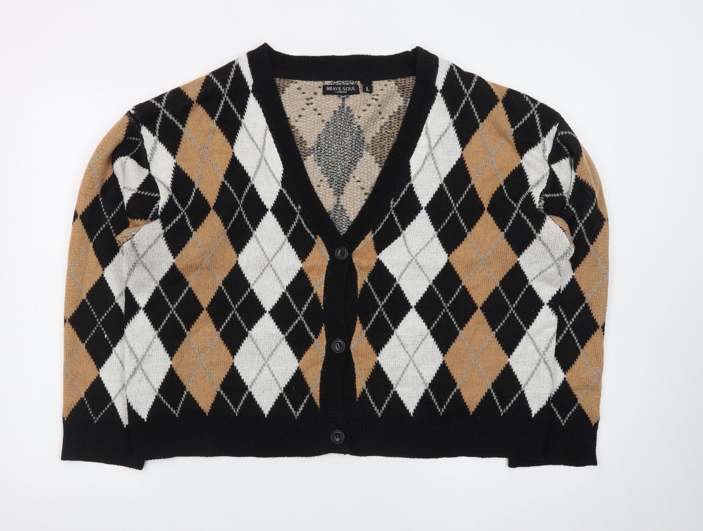 Brave Soul Women's Multicoloured Argyle Knit V-Neck Cardigan L