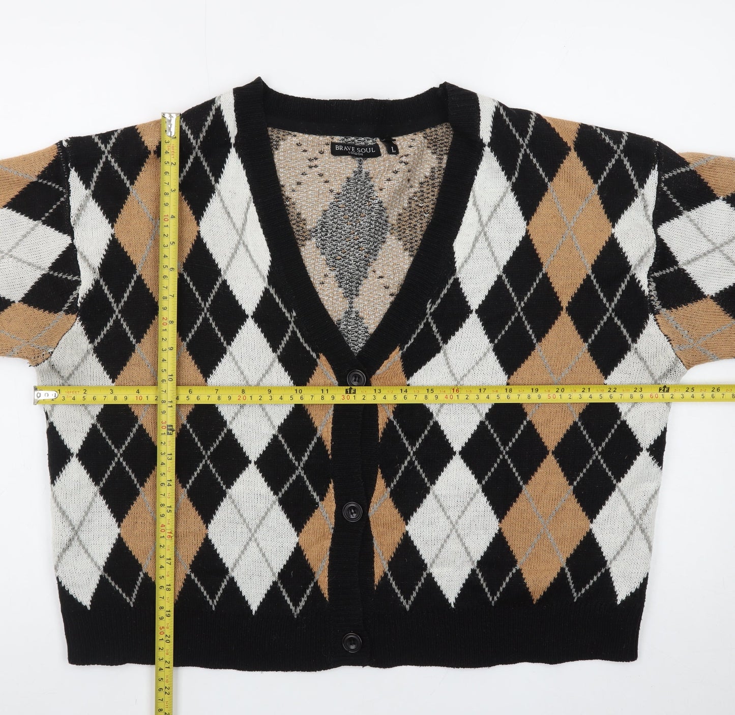 Brave Soul Women's Multicoloured Argyle Knit V-Neck Cardigan L