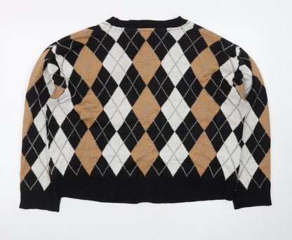 Brave Soul Women's Multicoloured Argyle Knit V-Neck Cardigan L