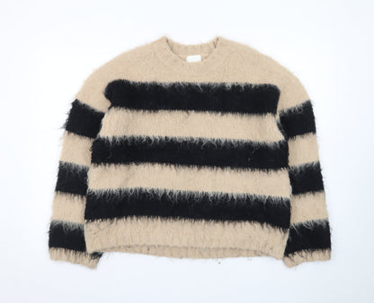 H&M Women Beige Black Striped Chunky-Knit Jumper Size S