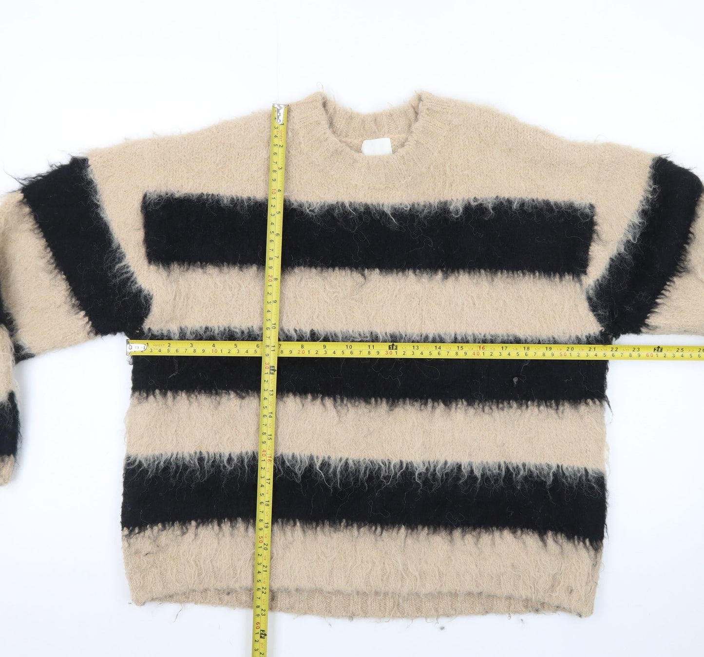 H&M Women Beige Black Striped Chunky-Knit Jumper Size S