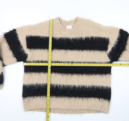 H&M Women Beige Black Striped Chunky-Knit Jumper Size S