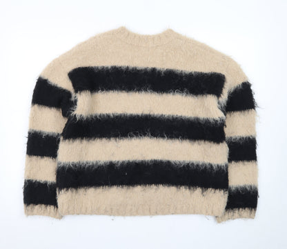 H&M Women Beige Black Striped Chunky-Knit Jumper Size S