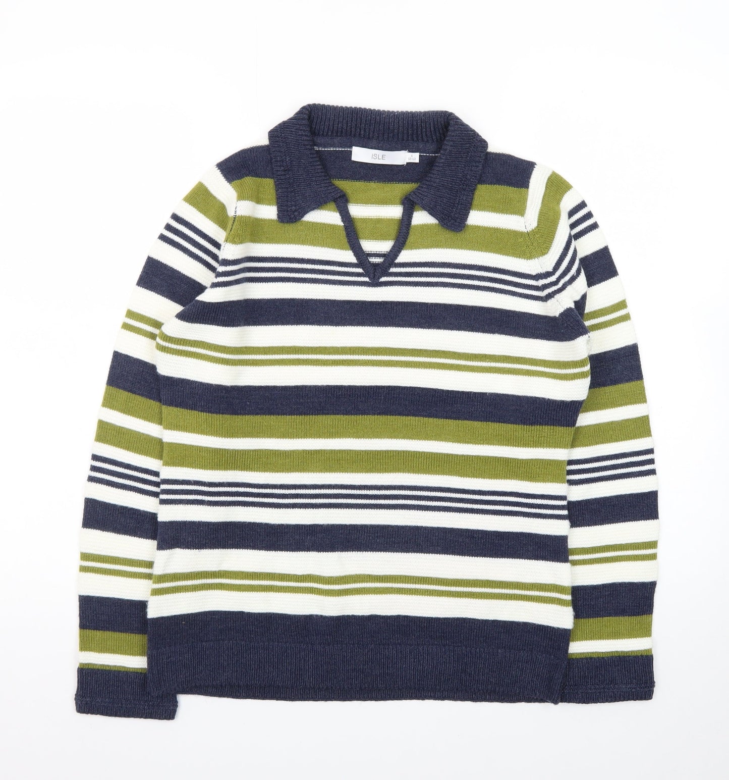 Isle Women Blue Green Striped Collared Pullover Jumper Size S 10-12