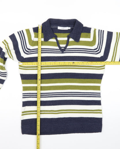 Isle Women Blue Green Striped Collared Pullover Jumper Size S 10-12