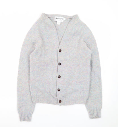 Harley of Scotland Women Grey Wool Cardigan L V-Neck Knit