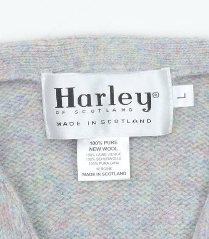 Harley of Scotland Women Grey Wool Cardigan L V-Neck Knit