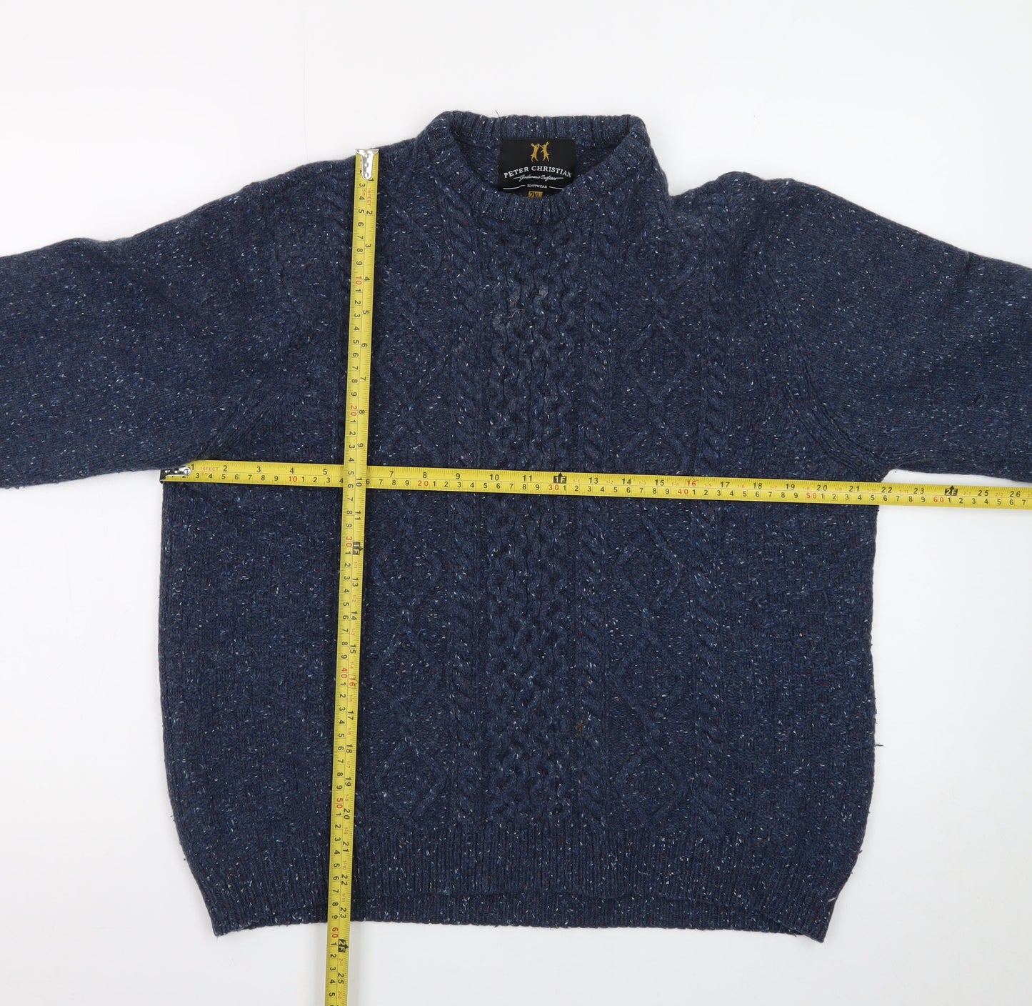 Peter Christian Men's Blue 2XL Cable Knit Wool Crew Neck Jumper