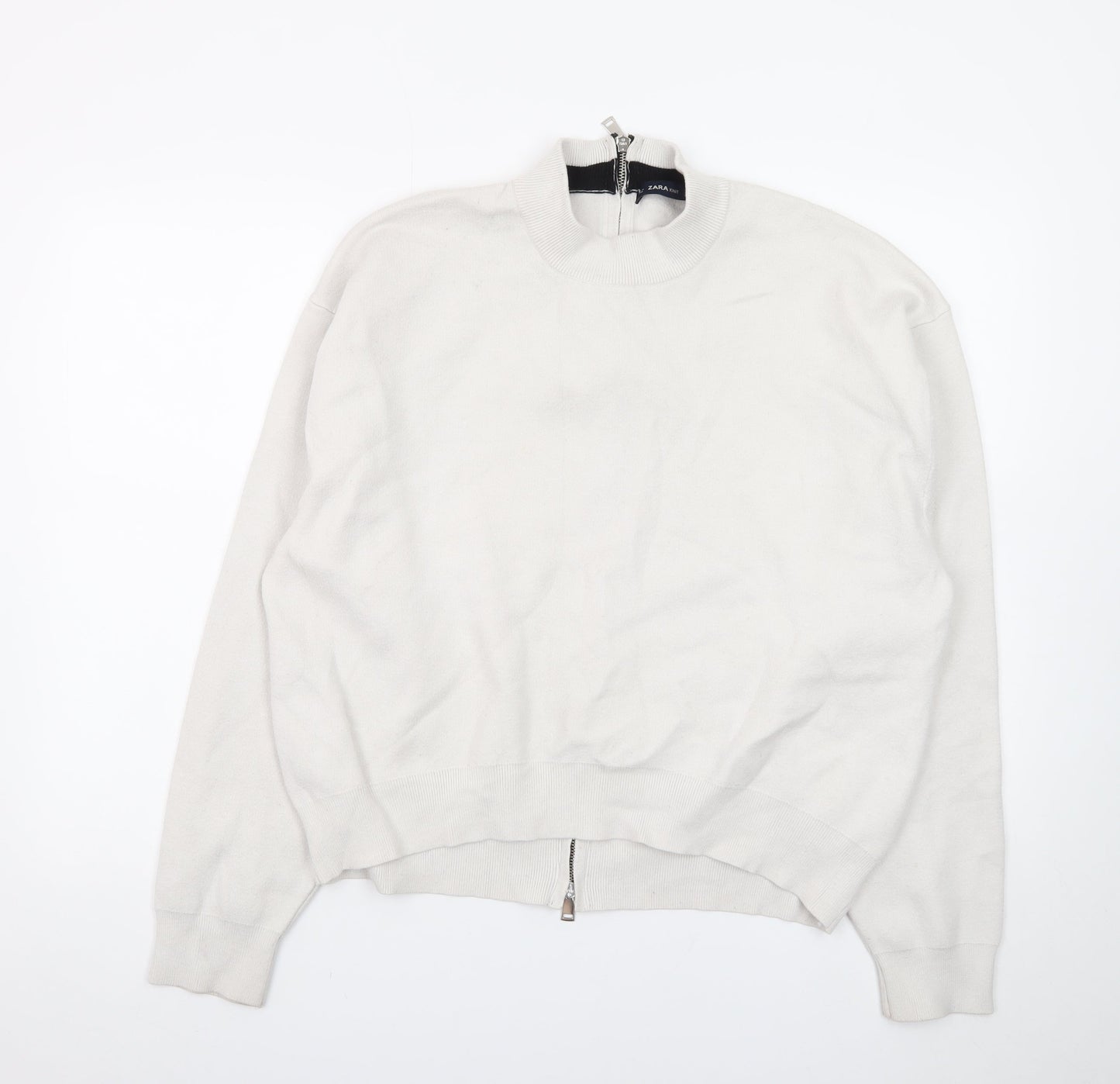 Zara Women's Ivory Mock Neck Full Zip Knit Jumper Size 14