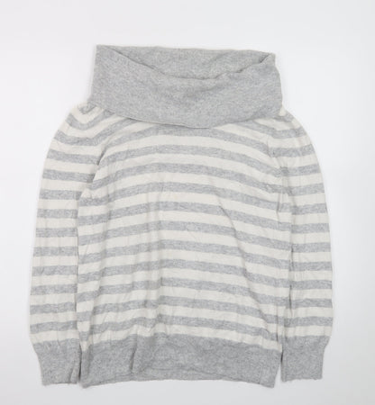CC Women Grey Striped Cowl Neck Jumper XL Cotton Cashmere Blend