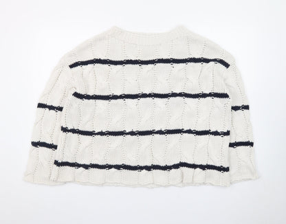 Zara Women Ivory Navy Striped Cable-Knit Cotton Jumper Size S