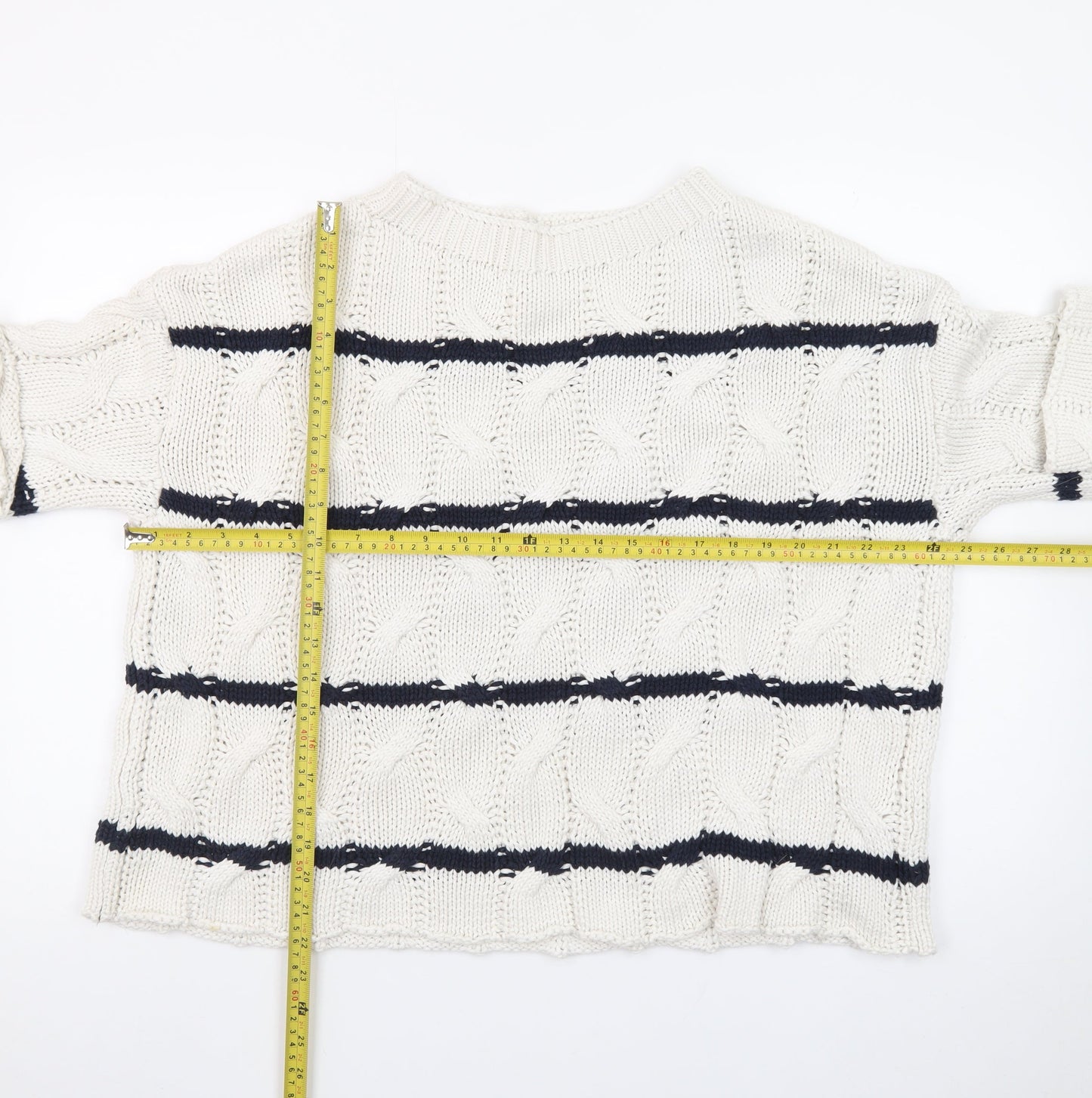 Zara Women Ivory Navy Striped Cable-Knit Cotton Jumper Size S
