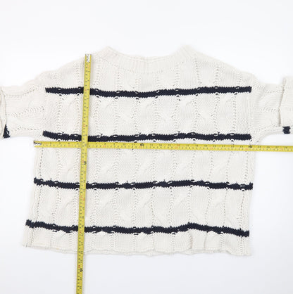 Zara Women Ivory Navy Striped Cable-Knit Cotton Jumper Size S