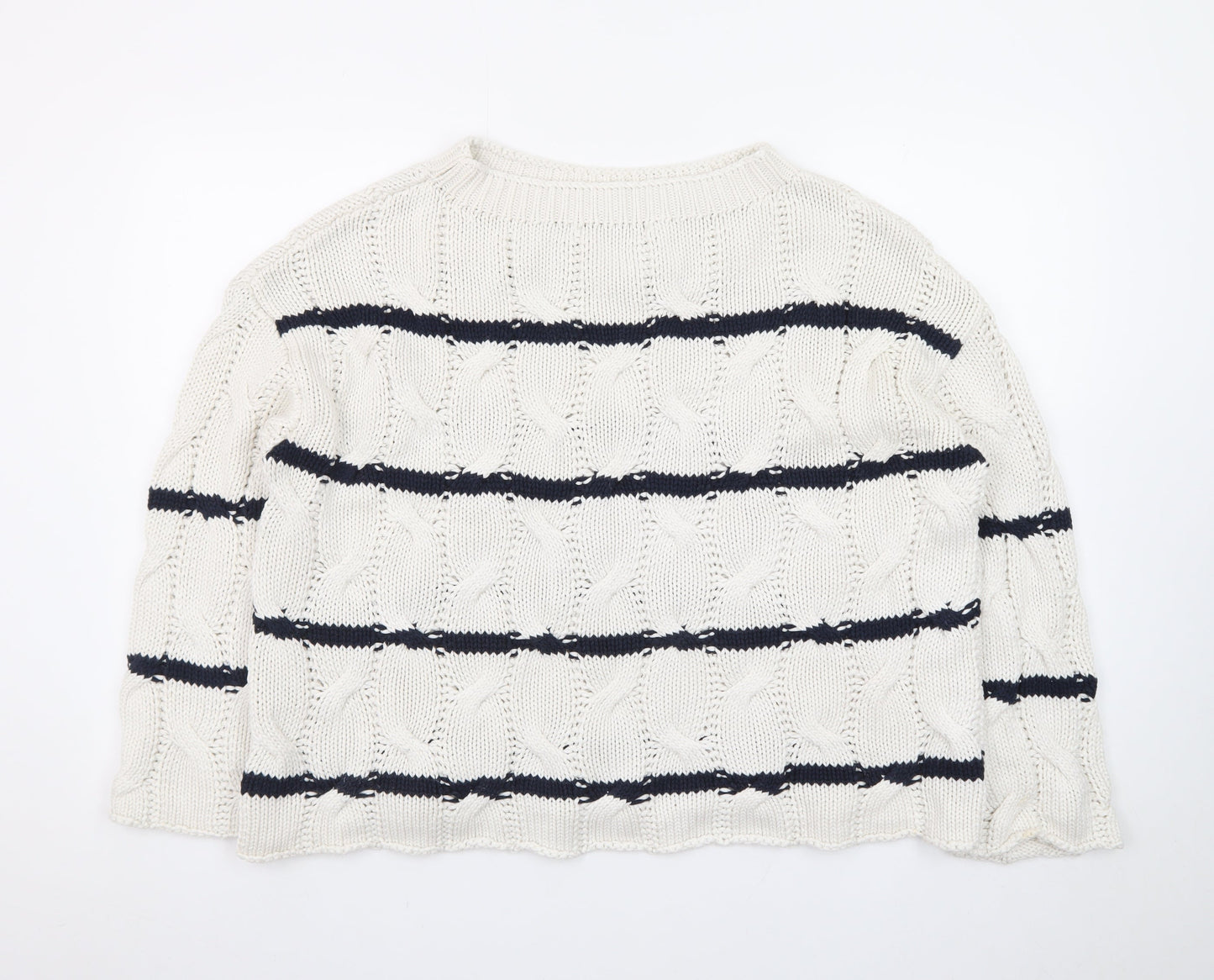 Zara Women Ivory Navy Striped Cable-Knit Cotton Jumper Size S