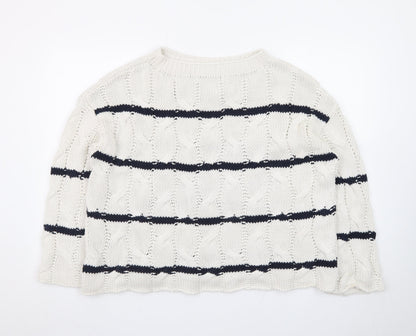 Zara Women Ivory Navy Striped Cable-Knit Cotton Jumper Size S