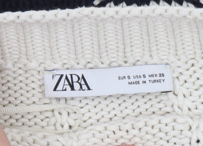 Zara Women Ivory Navy Striped Cable-Knit Cotton Jumper Size S