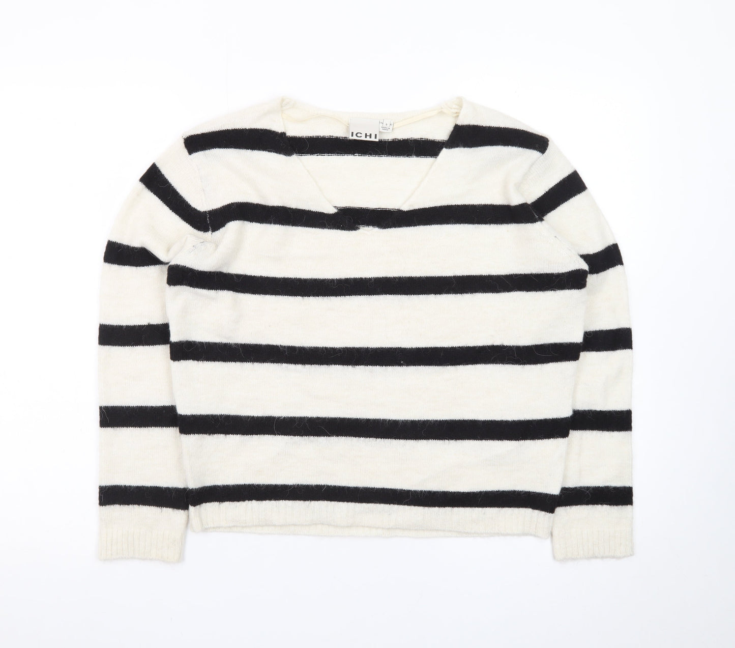 ICHI Women’s Black & White Striped V-Neck Knit Jumper Size S