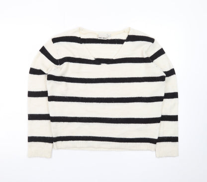 ICHI Women’s Black & White Striped V-Neck Knit Jumper Size S