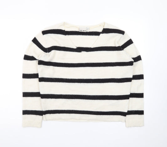 ICHI Women’s Black & White Striped V-Neck Knit Jumper Size S