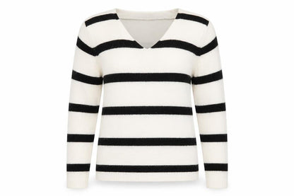 ICHI Women’s Black & White Striped V-Neck Knit Jumper Size S
