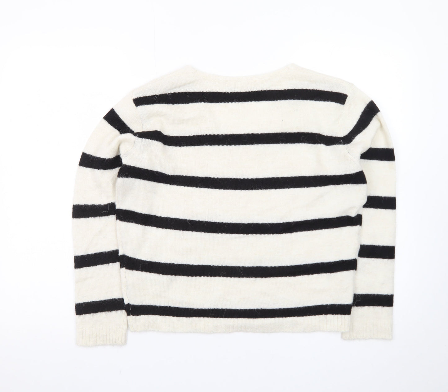 ICHI Women’s Black & White Striped V-Neck Knit Jumper Size S