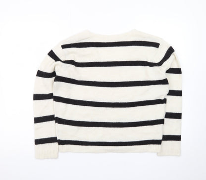 ICHI Women’s Black & White Striped V-Neck Knit Jumper Size S