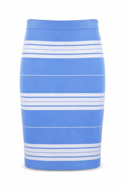 WoolOvers Women Blue Striped Knit Pencil Skirt M Stretch Cotton