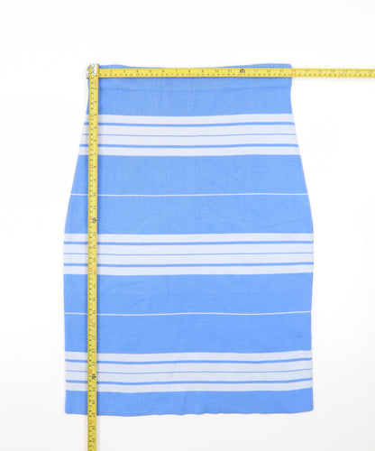WoolOvers Women Blue Striped Knit Pencil Skirt M Stretch Cotton