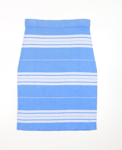 WoolOvers Women Blue Striped Knit Pencil Skirt M Stretch Cotton