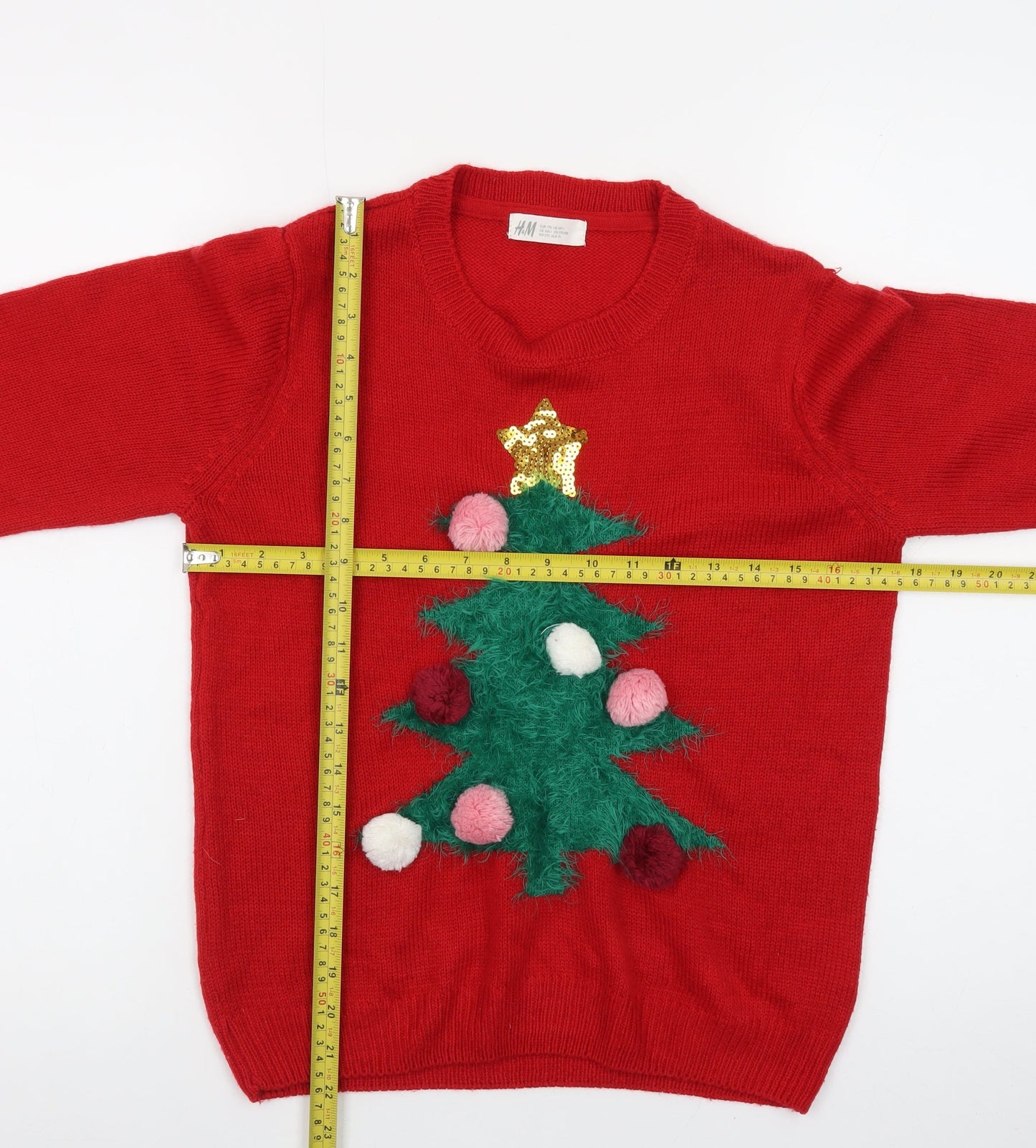 H&M Teens Red Christmas Tree Jumper Acrylic Knit Size 14Y+