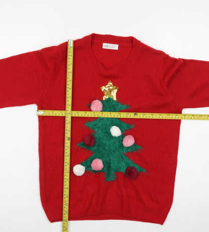 H&M Teens Red Christmas Tree Jumper Acrylic Knit Size 14Y+