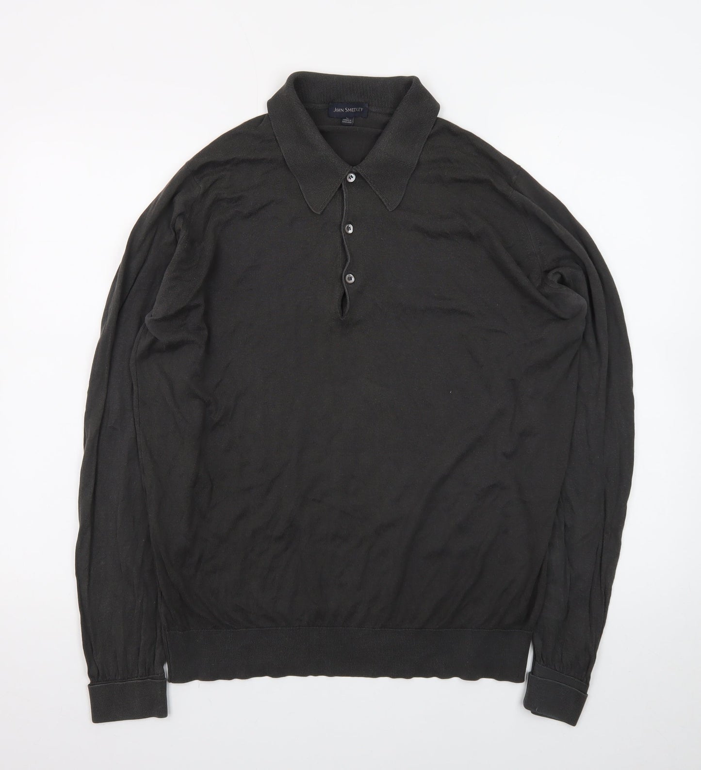 John Smedley Men’s Black Merino Wool Long Sleeve Polo L