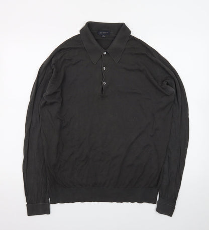 John Smedley Men’s Black Merino Wool Long Sleeve Polo L