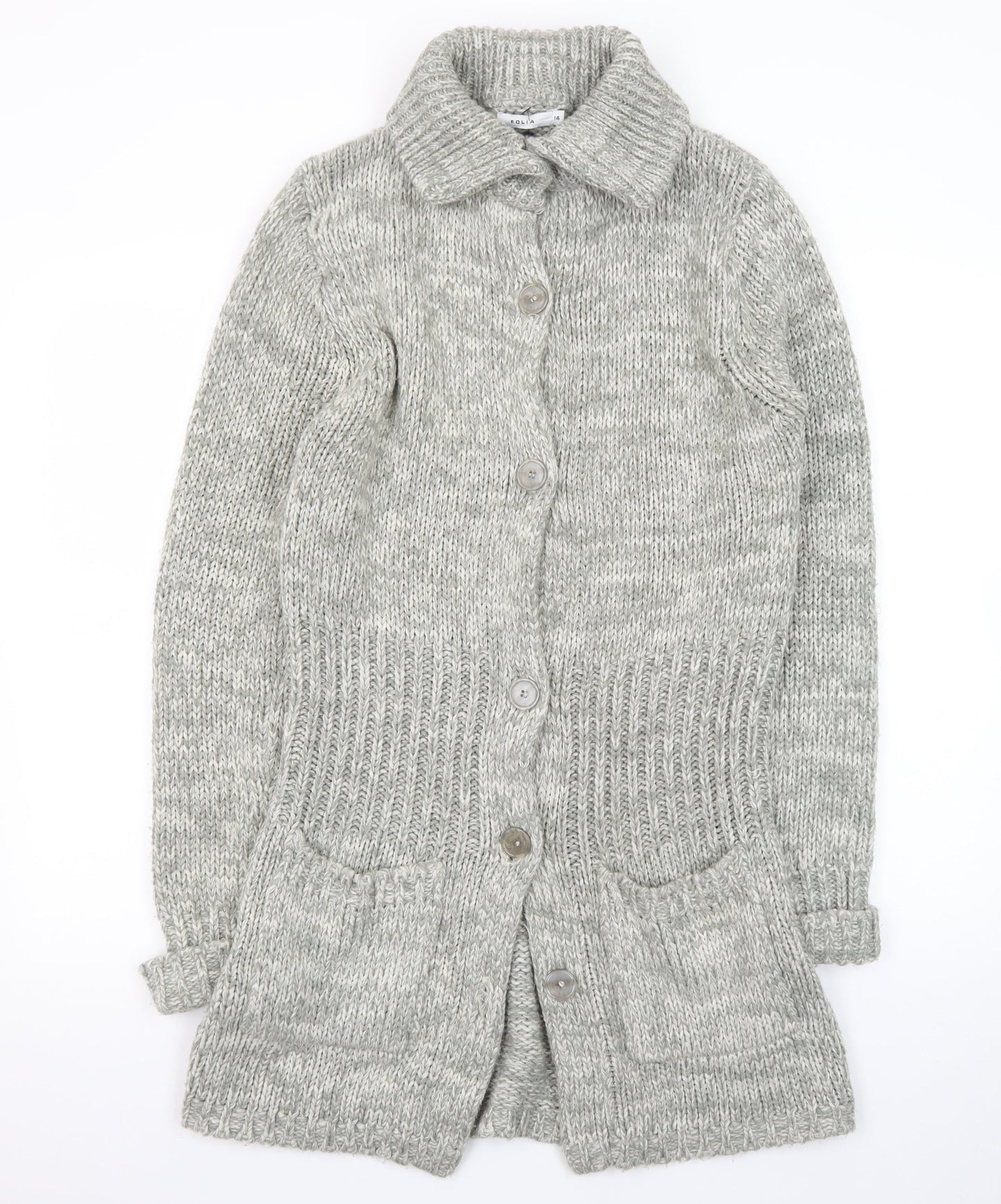 Folia Women Grey Long Sleeve Knit Cardigan Size 14 Collared Button Front