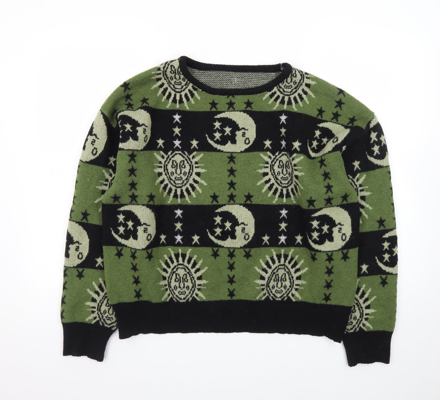 ROMWE Women Green Moon Sun Pattern Knit Jumper Size L