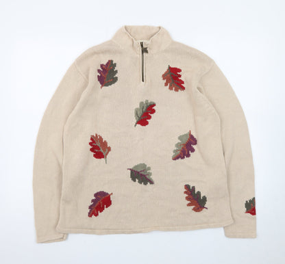 Tulchan Women Beige Cotton Leaf Embroidered 1/4 Zip Jumper L