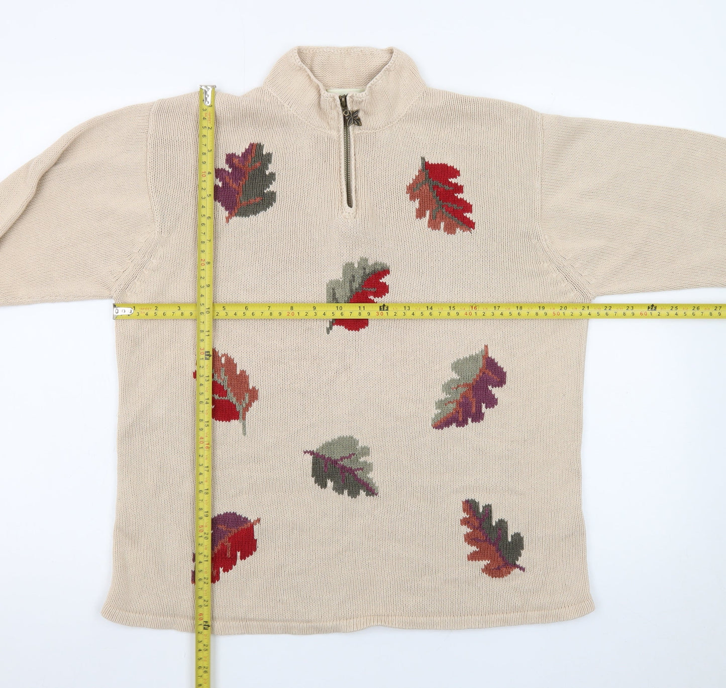 Tulchan Women Beige Cotton Leaf Embroidered 1/4 Zip Jumper L