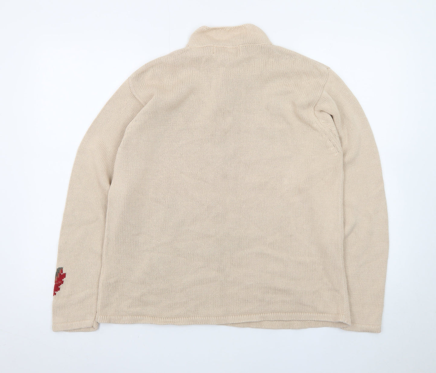 Tulchan Women Beige Cotton Leaf Embroidered 1/4 Zip Jumper L