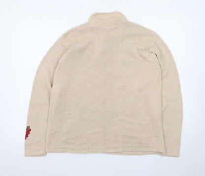 Tulchan Women Beige Cotton Leaf Embroidered 1/4 Zip Jumper L