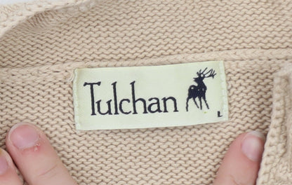 Tulchan Women Beige Cotton Leaf Embroidered 1/4 Zip Jumper L