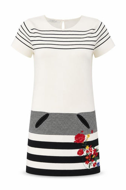 Desigual Women White Striped Shift Dress L Embroidered Floral