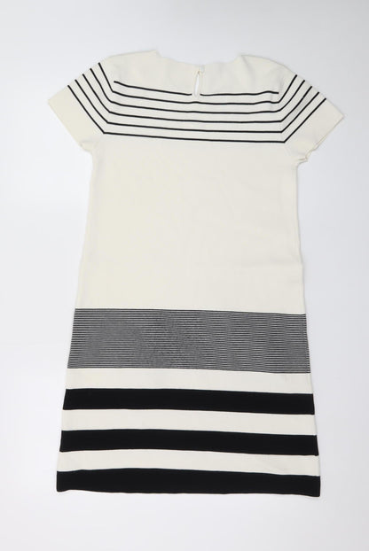 Desigual Women White Striped Shift Dress L Embroidered Floral