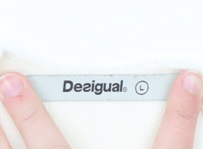 Desigual Women White Striped Shift Dress L Embroidered Floral