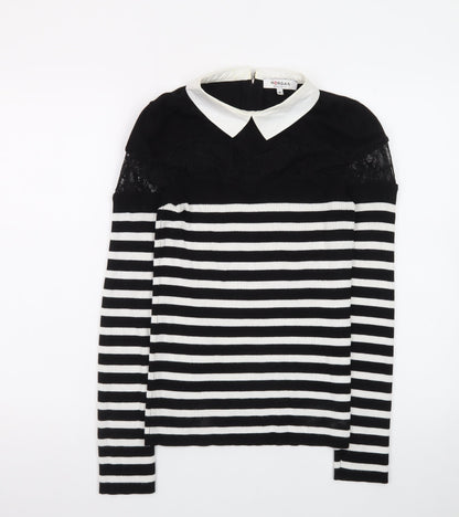 Morgan Women’s Black Striped Collared Lace Trim Long Sleeve Pullover Jumper M