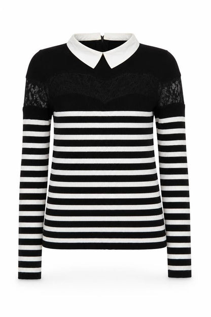 Morgan Women’s Black Striped Collared Lace Trim Long Sleeve Pullover Jumper M