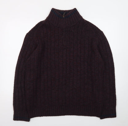 North Coast Men's Brown Wool Ribbed 1/4 Zip High Neck Jumper XL