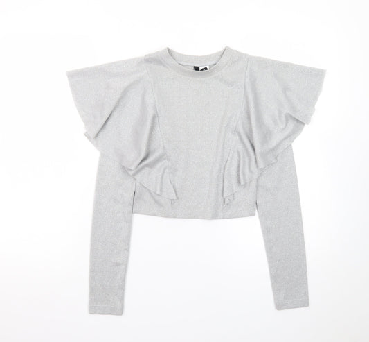 H&M Divided Women’s Silver Glitter Ruffle Jumper XS Long Sleeve