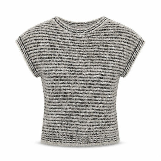 Be Beau Women Grey Striped Short Sleeve Chunky Knit Pullover Jumper Size 10