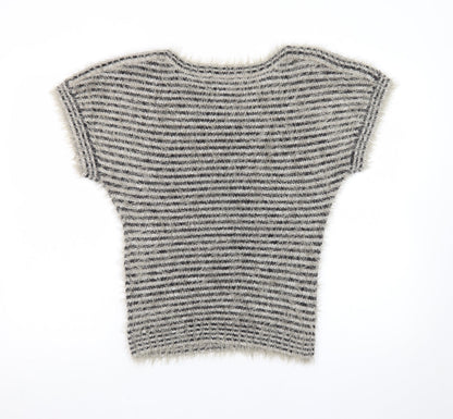 Be Beau Women Grey Striped Short Sleeve Chunky Knit Pullover Jumper Size 10