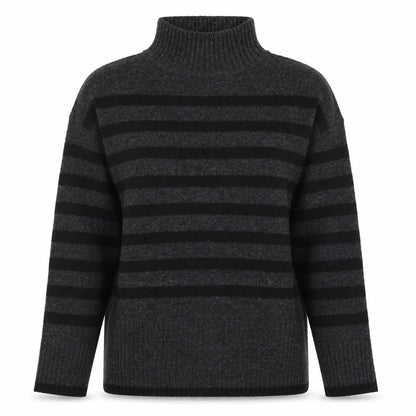 New Look Women's Grey Stripe Roll Neck Jumper Size M